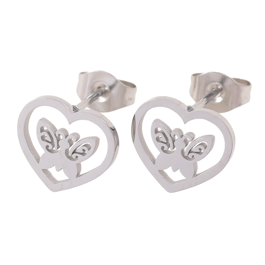 Сережки Xuping TTM Stainless Steel колір Родій пусети «Сердечка з метеликами» фото №1