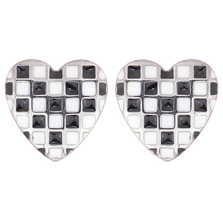 Серьги Xuping TTM Stainless Steel цвет Родий пусеты Сердечки с шахматным узором эмалью фото №6 Серьги Xuping TTM Stainless Steel цвет Родий пусеты Сердечки с шахматным узором эмалью фото №6