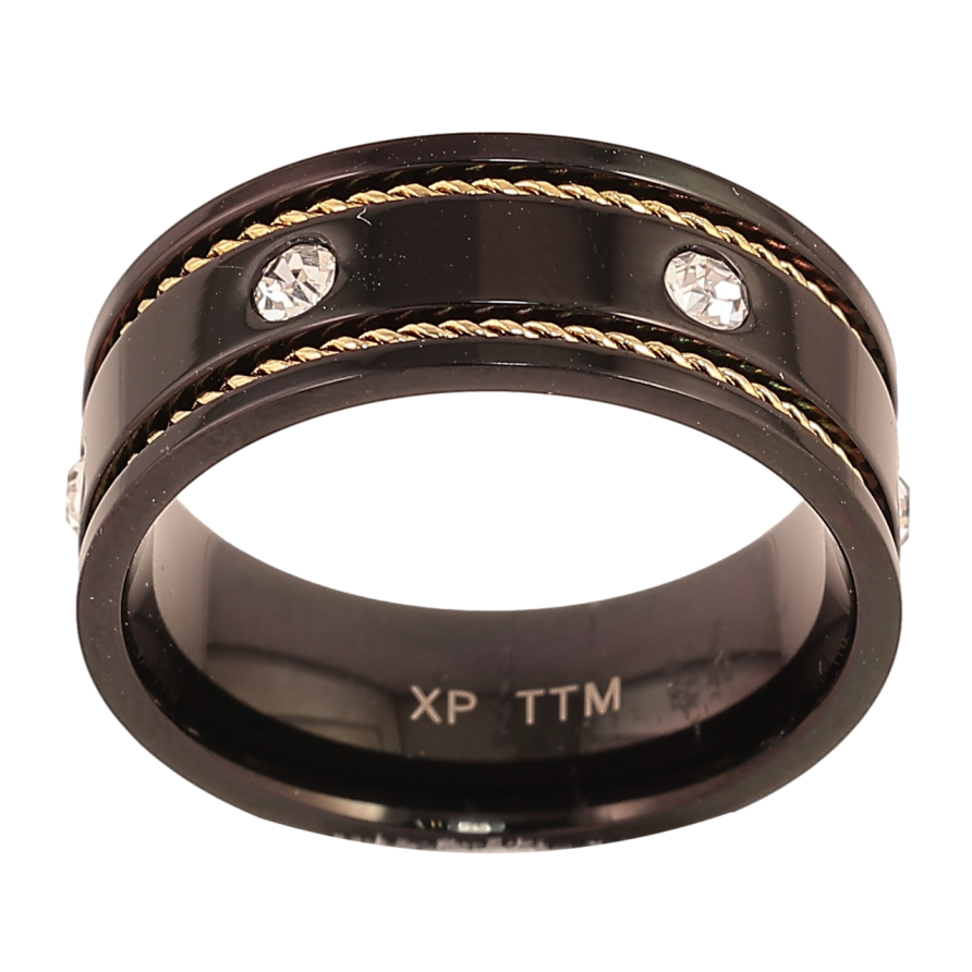 Каблучка Xuping TTM Stainless Steel Колір 14К+Black «Візерунок з кристалами, шир. 7.5мм» фото №1 Каблучка Xuping TTM Stainless Steel Колір 14К+Black «Візерунок з кристалами, шир. 7.5мм» фото №1