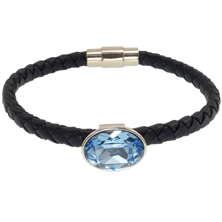 Браслет Xuping колір Родій із кристалами Swarovski Шкіряний синій шнур магнітна застібка Aquamarine довжина 18,5см х фото №1 Браслет Xuping колір Родій із кристалами Swarovski Шкіряний синій шнур магнітна застібка Aquamarine довжина 18,5см х фото №1
