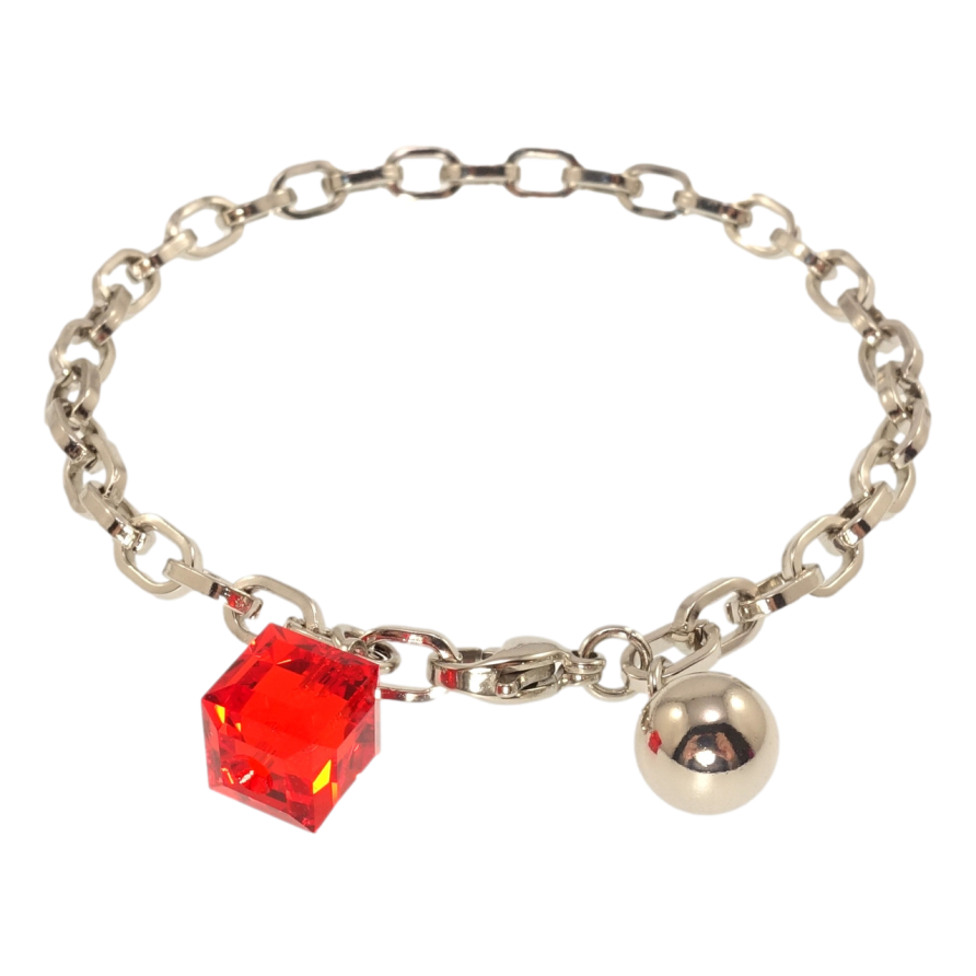 Браслет Xuping колір Родій з кр-ми Swarovski Якірне плетіння з кристальним кубиком Light Siam довжина 18см х 4мм фото №1
