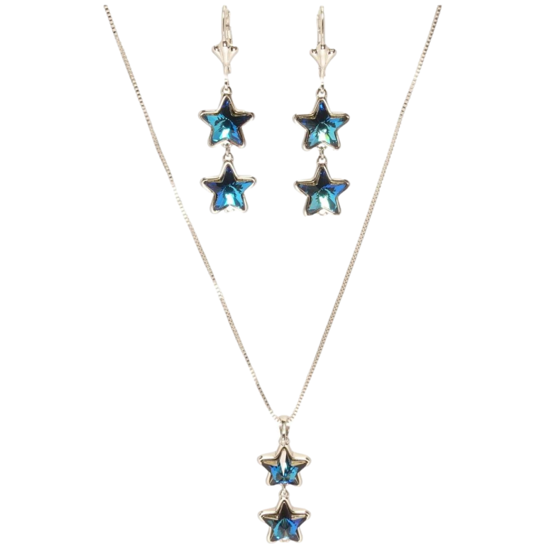 Набор Xuping цвет Родий с кр-ми Swarovski Серьги Кулон на цепочке Звездные подвески Capri Blue длина 40-45см фото №1