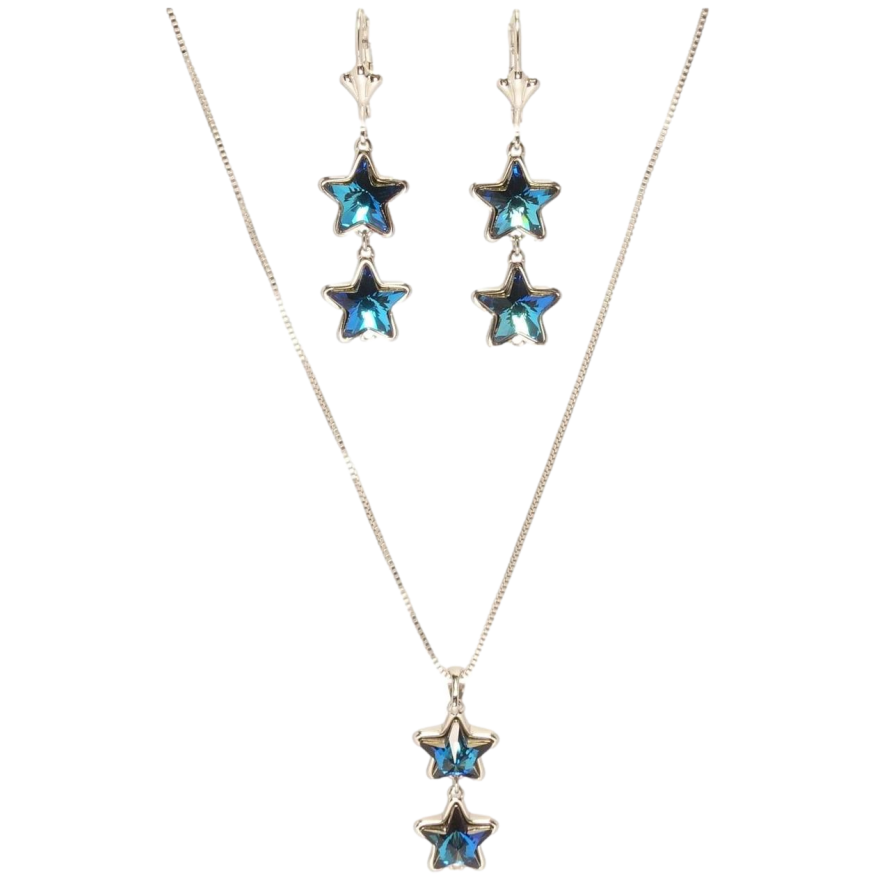 Набор Xuping цвет Родий с кр-ми Swarovski Серьги Кулон на цепочке Звездные подвески Capri Blue длина 40-45см фото №1
