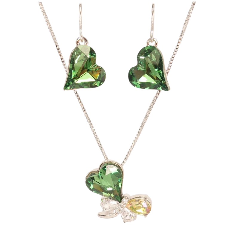 Набір Xuping колір Родій з кр-ми Swarovski Сережки Кулон на ланцюжку Зелене Серце і Бабка довжина 38-43см фото №2