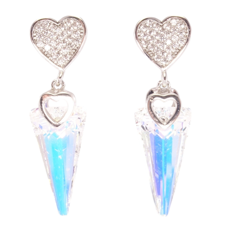 Сережки Xuping колір Родій з кристалами Swarovski пусети 2Сердечки з  підвісками кристал Shimmer" фото №1