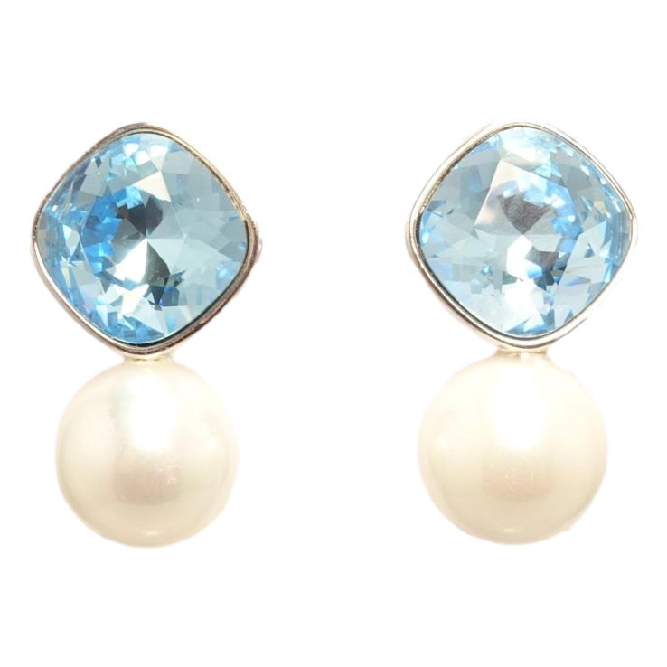 Сережки Xuping колір Родій з кристалами Swarovski пусети Кристал Aquamarine з перлиною ø 10мм фото №22