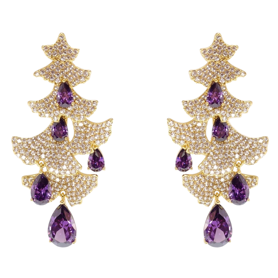 Сережки Xuping QQMM Позолота 14K пусети «Ялинки інкрустація цирконієм з бузковими фіанітами» фото №1