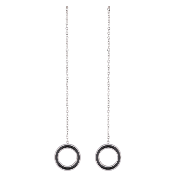 Серьги Xuping TTM Stainless Steel цвет Родий пусеты Колечки с черной эмалью на цепочке фото №3