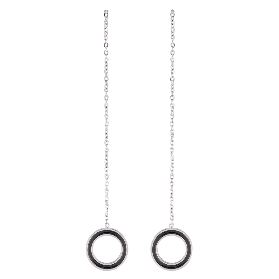 Серьги Xuping TTM Stainless Steel цвет Родий пусеты Колечки с черной эмалью на цепочке фото №1 Серьги Xuping TTM Stainless Steel цвет Родий пусеты Колечки с черной эмалью на цепочке фото №1