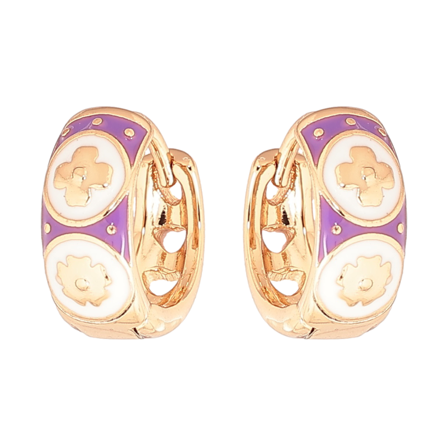 Серьги Xuping Позолота 18K колечки Узор с сиренево-белой эмалью фото №1 Серьги Xuping Позолота 18K колечки Узор с сиренево-белой эмалью фото №1
