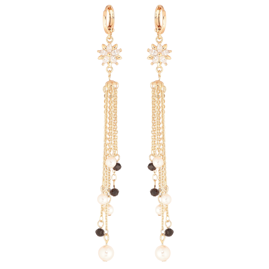Сережки Xuping M&L Колір 18K підвіски на колечках «Кришталеві квіточки з намистинами на ланцюжках» фото №1 Сережки Xuping M&L Колір 18K підвіски на колечках «Кришталеві квіточки з намистинами на ланцюжках» фото №1