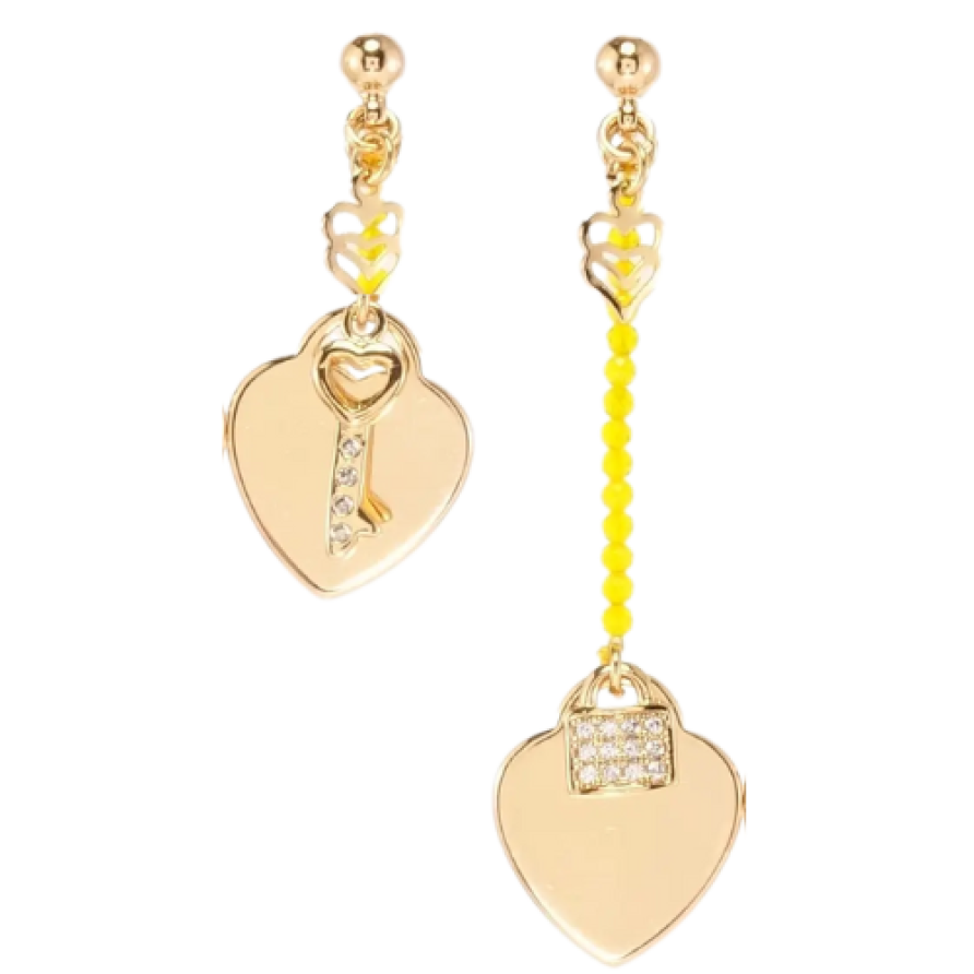 Сережки Xuping Позолота 18K пусети Сердечки із замочком та ключиком на мотузці з жовтими намистинами фото №1 Сережки Xuping Позолота 18K пусети Сердечки із замочком та ключиком на мотузці з жовтими намистинами фото №1