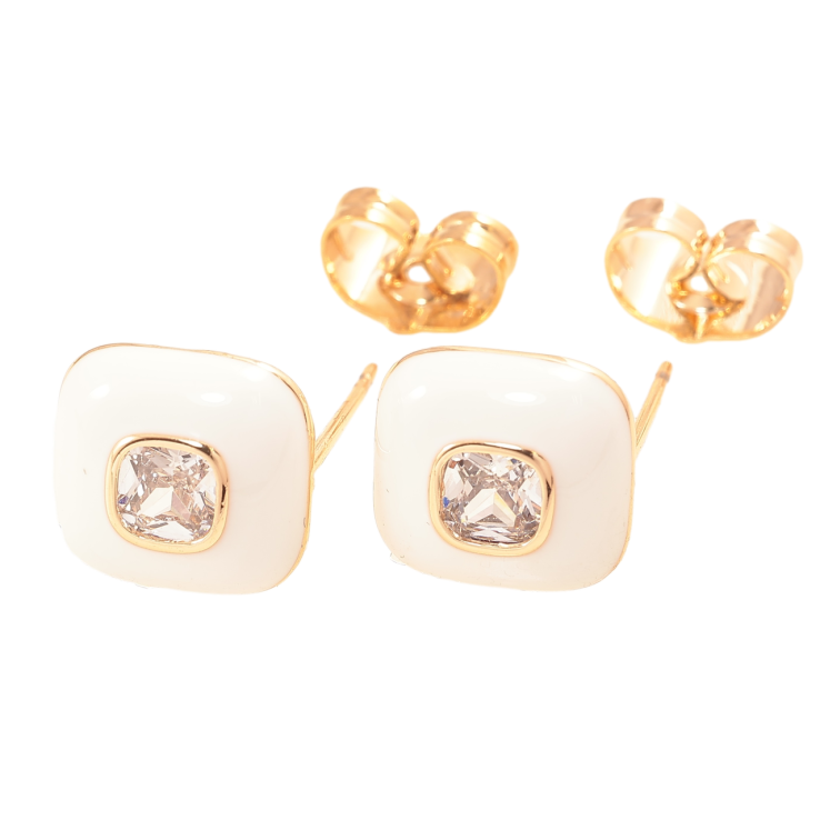 Сережки Xuping Позолота 18K пусети «Квадрати з білою емаллю і цирконієм» 10х10мм фото №2 Сережки Xuping Позолота 18K пусети «Квадрати з білою емаллю і цирконієм» 10х10мм фото №2