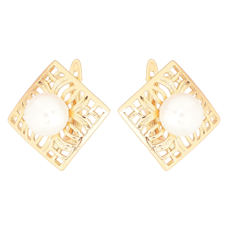 Серьги Xuping Позолота 18K английский замок Резные ромбы с жемчужинами фото №1 Серьги Xuping Позолота 18K английский замок Резные ромбы с жемчужинами фото №1