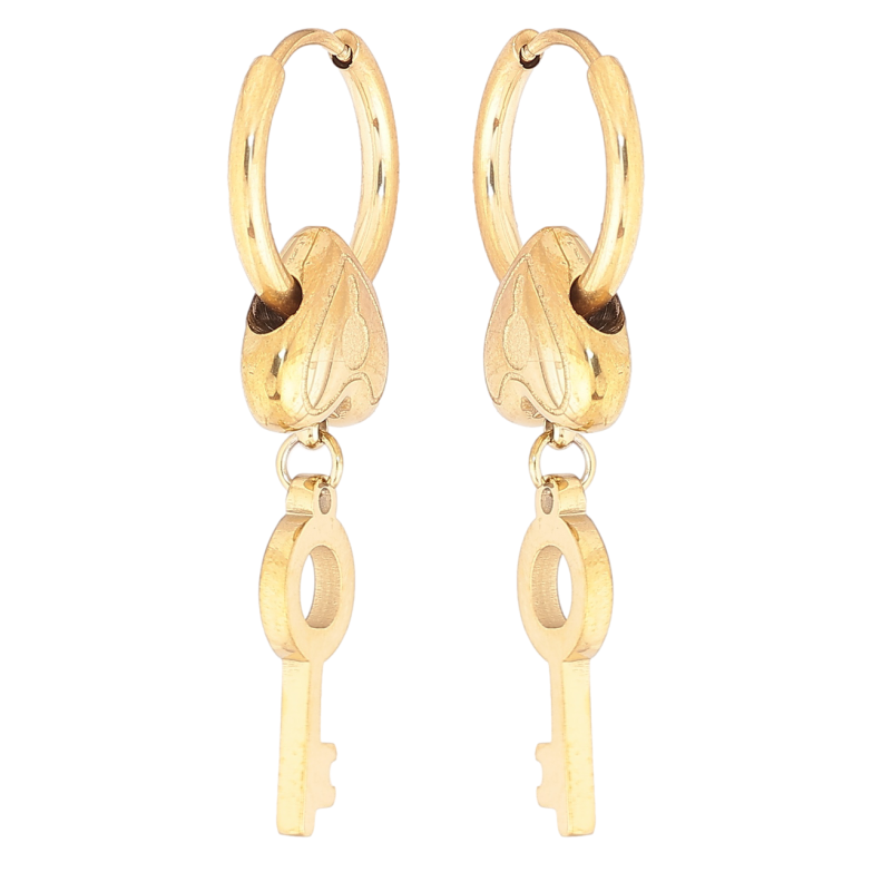 Сережки Xuping TTM Stainless Steel колір 14К підвіски на колечках «Сердечка з ключиками» 2 в 1 фото №4
