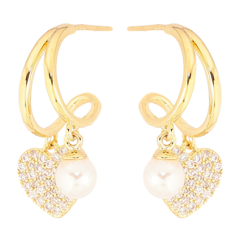 Сережки Xuping Позолота 14K пусети «Дуги з сердечками та перлинами» фото №2