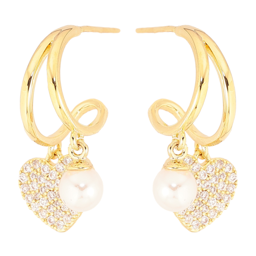 Серьги Xuping Позолота 14K пусеты Дуги с сердечками и жемчужинами фото №1