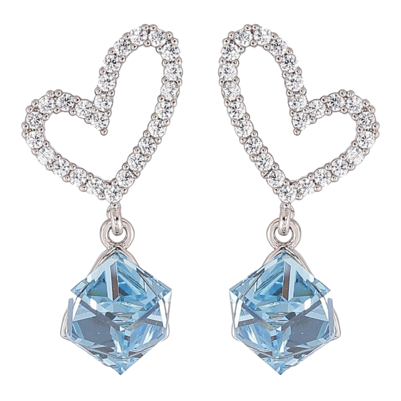 Сережки Xuping колір Родій з кристалами Swarovski пусети «Сердечка з кубиками Aquamarine» фото №3