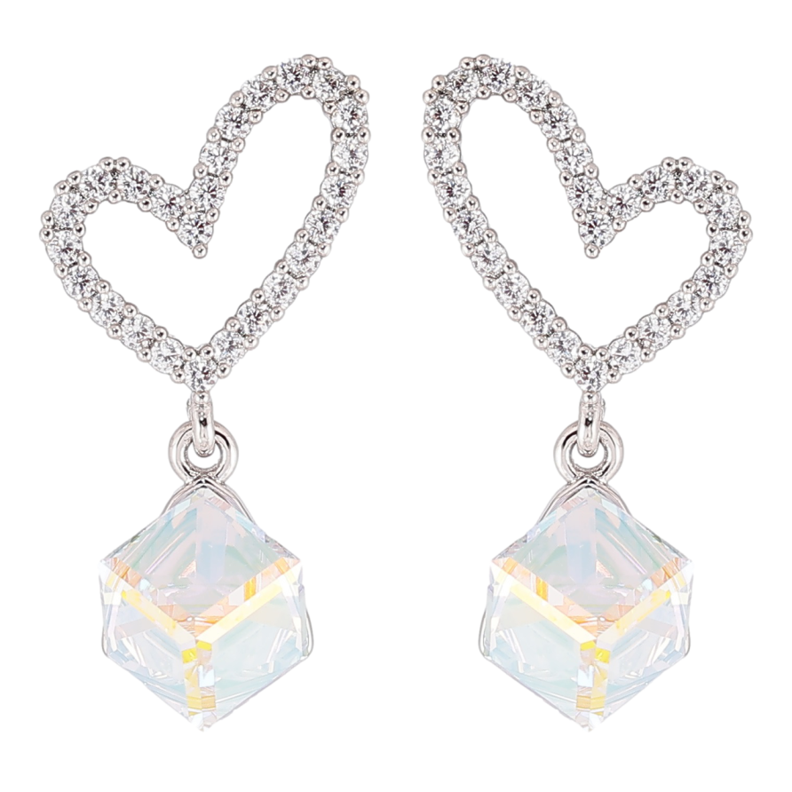 Серьги Xuping цвет Родий с кристаллами Swarovski пусеты Сердечки с кубиками Shimmer фото №1