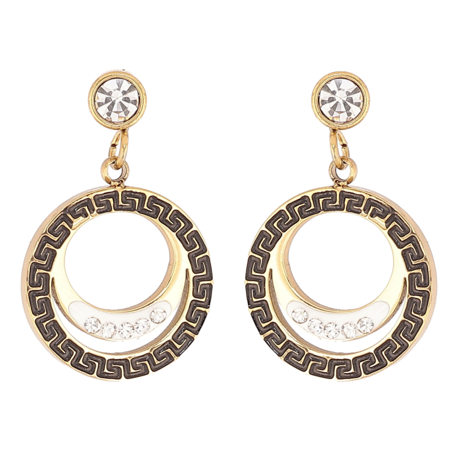 Серьги Xuping TTM Stainless Steel цвет 14К пусеты Круглые подвески с греческим узором черной эмалью фото №1 Серьги Xuping TTM Stainless Steel цвет 14К пусеты Круглые подвески с греческим узором черной эмалью фото №1
