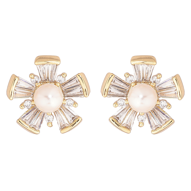 Сережки Xuping Позолота 14K пусети «Кришталеві квіточки з перлинами» фото №17