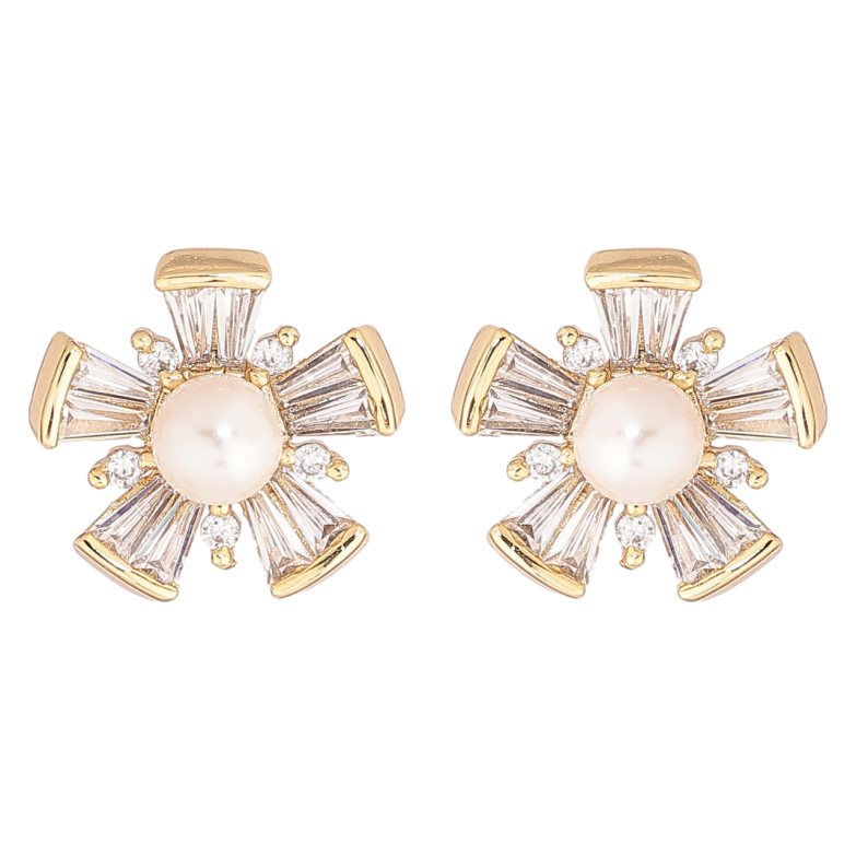 Сережки Xuping Позолота 14K пусети «Кришталеві квіточки з перлинами» фото №5 Сережки Xuping Позолота 14K пусети «Кришталеві квіточки з перлинами» фото №5