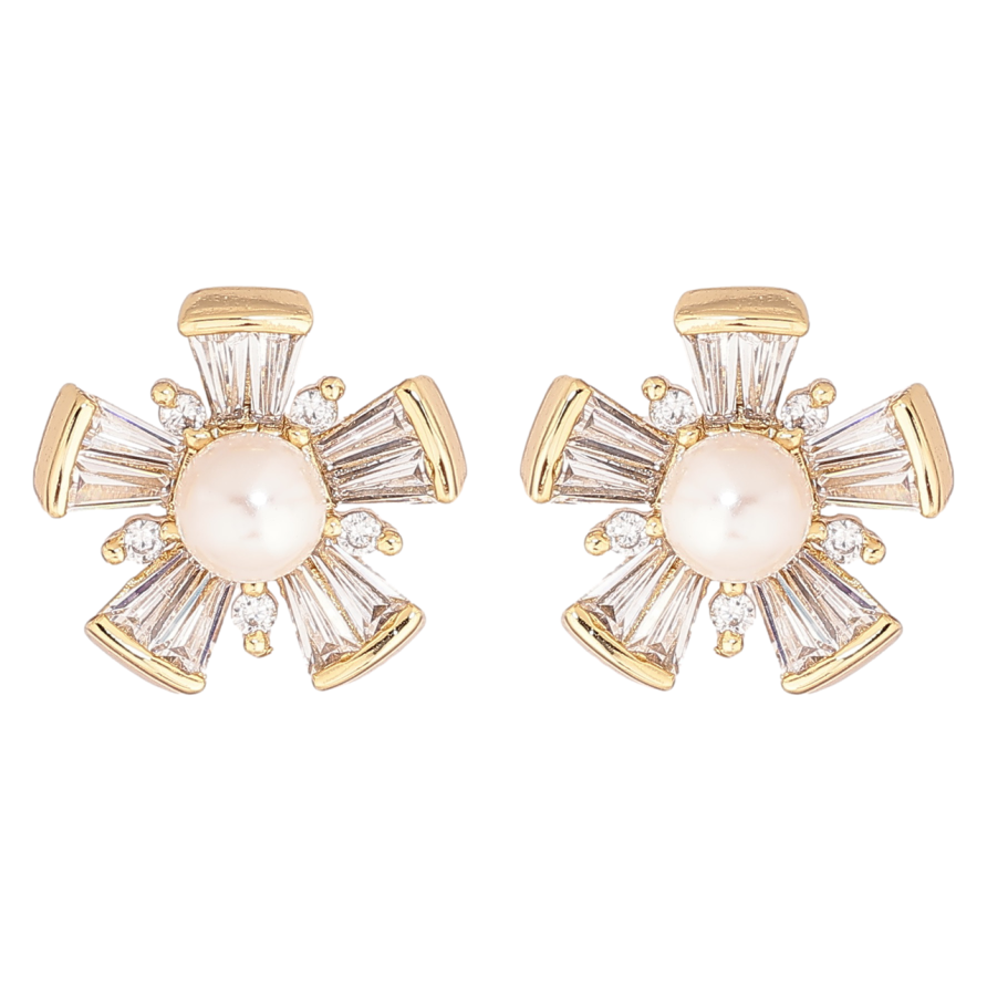 Сережки Xuping Позолота 14K пусети «Кришталеві квіточки з перлинами» фото №1 Сережки Xuping Позолота 14K пусети «Кришталеві квіточки з перлинами» фото №1
