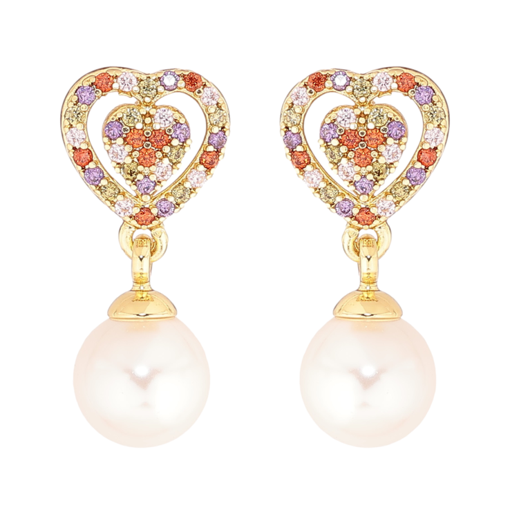 Сережки Xuping Позолота 14K пусети «Сердечка з різнокольорових кристалів з перловими підвісками» фото №11