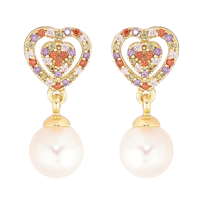 Сережки Xuping Позолота 14K пусети «Сердечка з різнокольорових кристалів з перловими підвісками» фото №1 Сережки Xuping Позолота 14K пусети «Сердечка з різнокольорових кристалів з перловими підвісками» фото №1