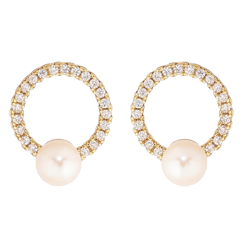 Сережки Xuping Позолота 14K пусети «Кришталеві колечка з перлинами» фото №1 Сережки Xuping Позолота 14K пусети «Кришталеві колечка з перлинами» фото №1