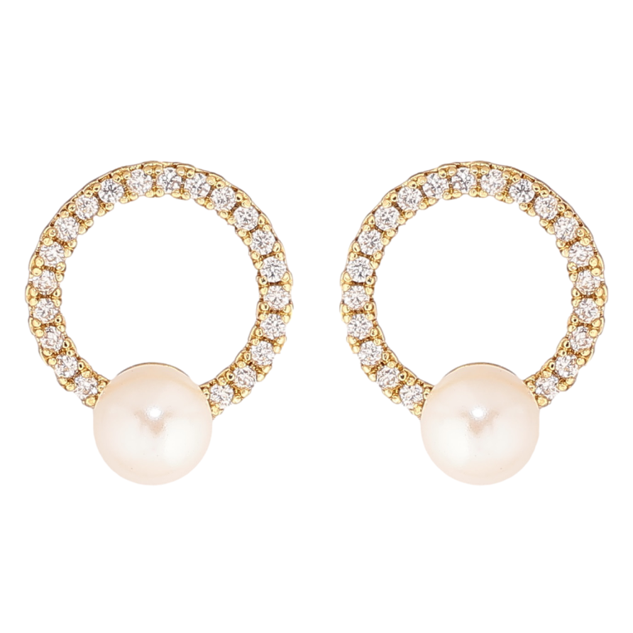 Сережки Xuping Позолота 14K пусети «Кришталеві колечка з перлинами» фото №1 Сережки Xuping Позолота 14K пусети «Кришталеві колечка з перлинами» фото №1