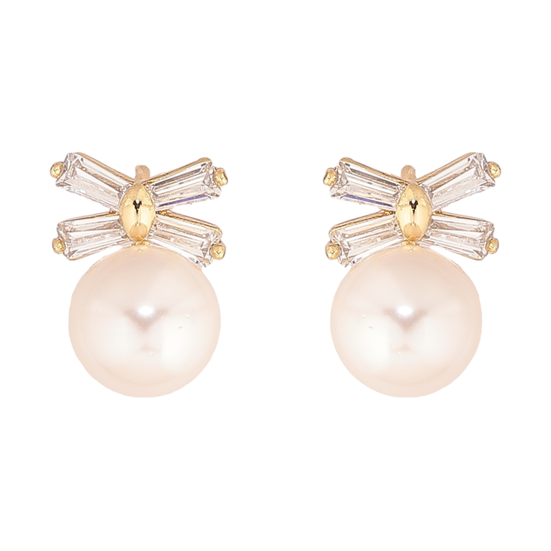 Сережки Xuping Позолота 14K пусети «Перлини з кришталевими бантами» фото №1 Сережки Xuping Позолота 14K пусети «Перлини з кришталевими бантами» фото №1