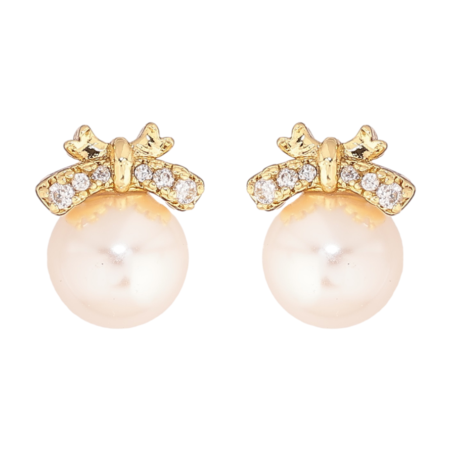 Сережки Xuping Позолота 14K пусети «Перлини з кришталевими бантами» фото №1 Сережки Xuping Позолота 14K пусети «Перлини з кришталевими бантами» фото №1