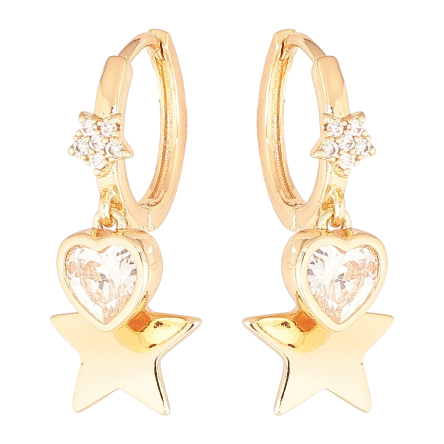 Серьги Xuping Позолота 18K подвески на колечках Звездочки с кристальным сердечком фото №1 Серьги Xuping Позолота 18K подвески на колечках Звездочки с кристальным сердечком фото №1