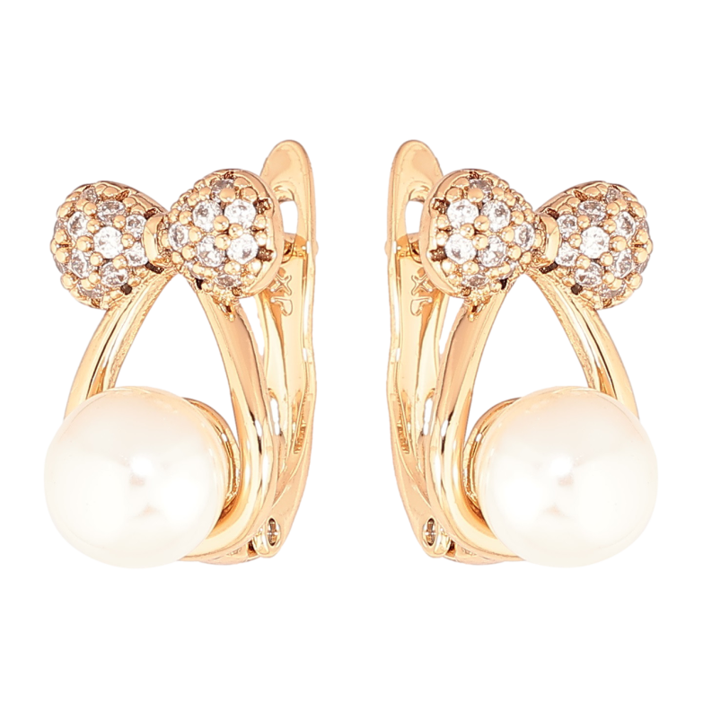 Сережки Xuping Позолота 18K англійський замок «Бантики з перлинами» фото №2 Сережки Xuping Позолота 18K англійський замок «Бантики з перлинами» фото №2