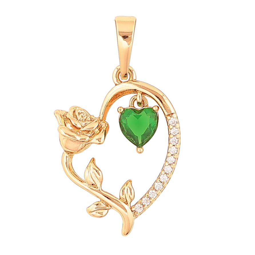 Кулон Xuping Позолота 18K Сердце с розой и зеленым кристальным сердечком для цепочки до 6мм фото №1 Кулон Xuping Позолота 18K Сердце с розой и зеленым кристальным сердечком для цепочки до 6мм фото №1