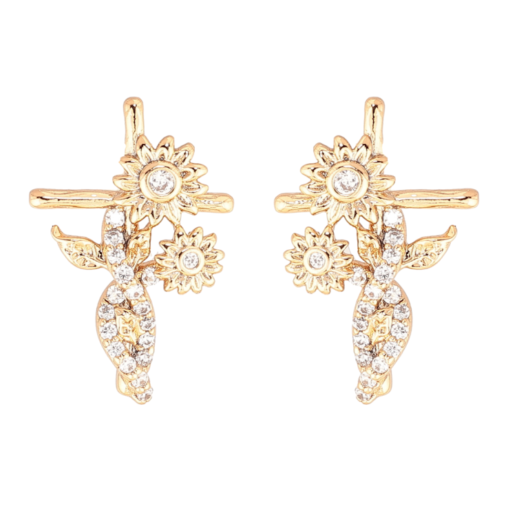 Серьги Xuping Позолота 18K пусеты Крестики с цветочками фото №3