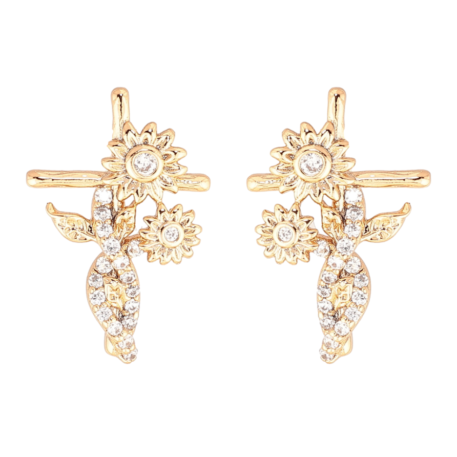 Серьги Xuping Позолота 18K пусеты Крестики с цветочками фото №1 Серьги Xuping Позолота 18K пусеты Крестики с цветочками фото №1
