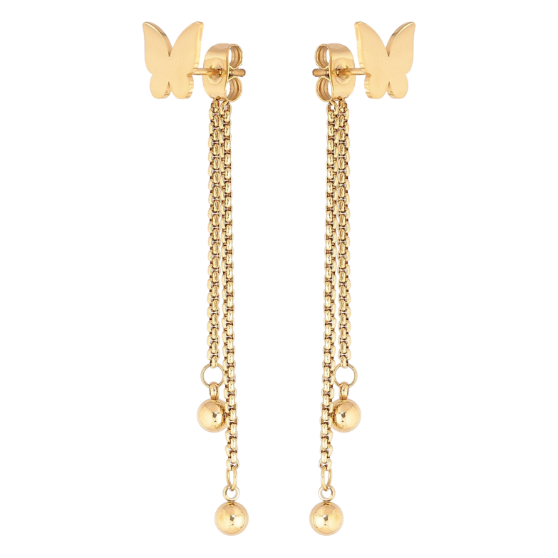 Сережки Xuping TTM Stainless Steel колір 14К пусети-джекети «Метелики з кульками на ланцюжках» фото №6 Сережки Xuping TTM Stainless Steel колір 14К пусети-джекети «Метелики з кульками на ланцюжках» фото №6