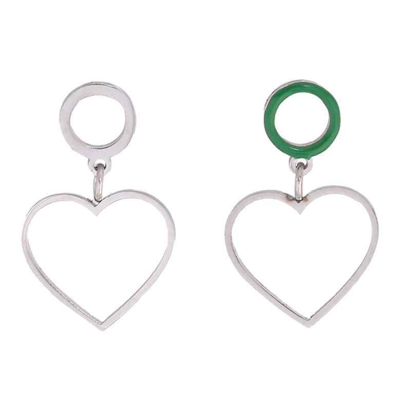 Сережки Xuping TTM Stainless Steel колір Родій пусети «Асиметричні сердечка з зеленою емаллю» фото №14