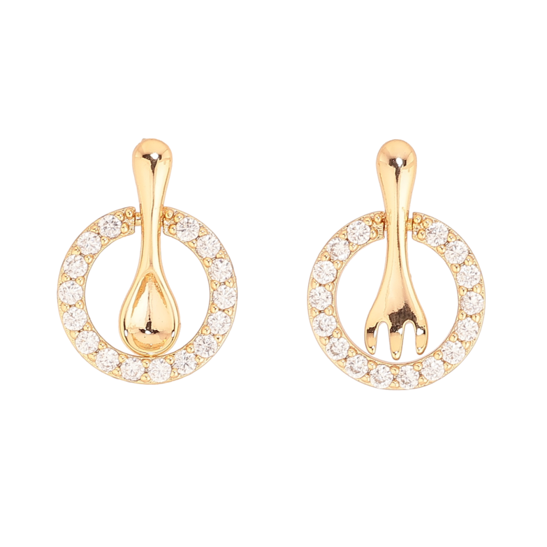 Сережки Xuping Позолота 18K пусети «Ложка з виделкою в колечках кристалів» фото №3 Сережки Xuping Позолота 18K пусети «Ложка з виделкою в колечках кристалів» фото №3