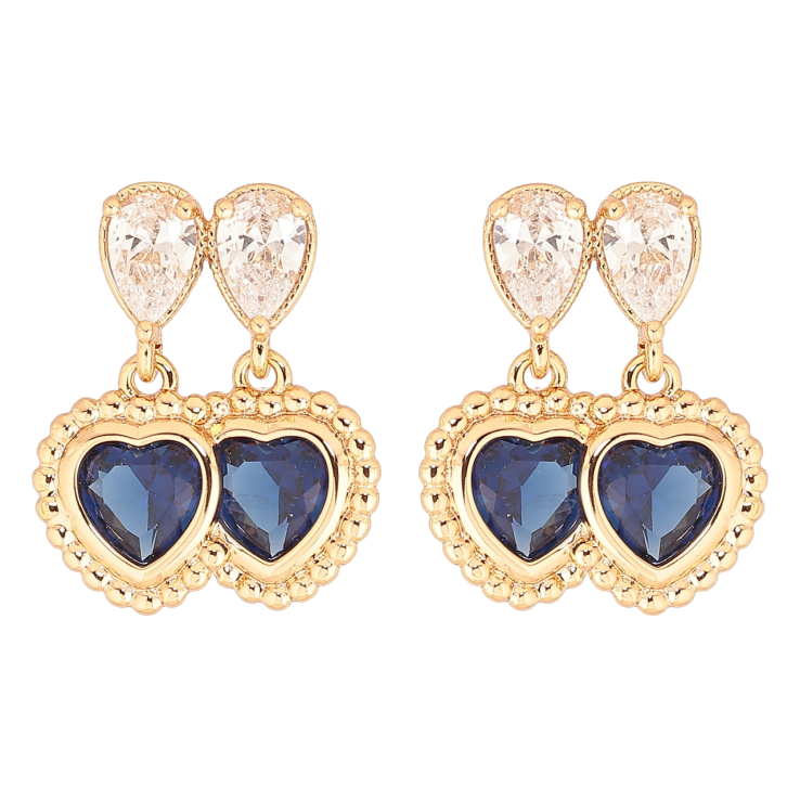 Сережки Xuping Позолота 18K пусети «Подвійні сині кристальні сердечка» фото №4