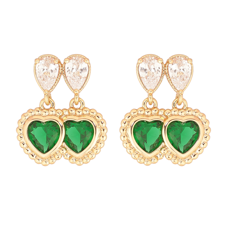 Сережки Xuping Позолота 18K пусети «Подвійні зелені кристальні сердечка» фото №6