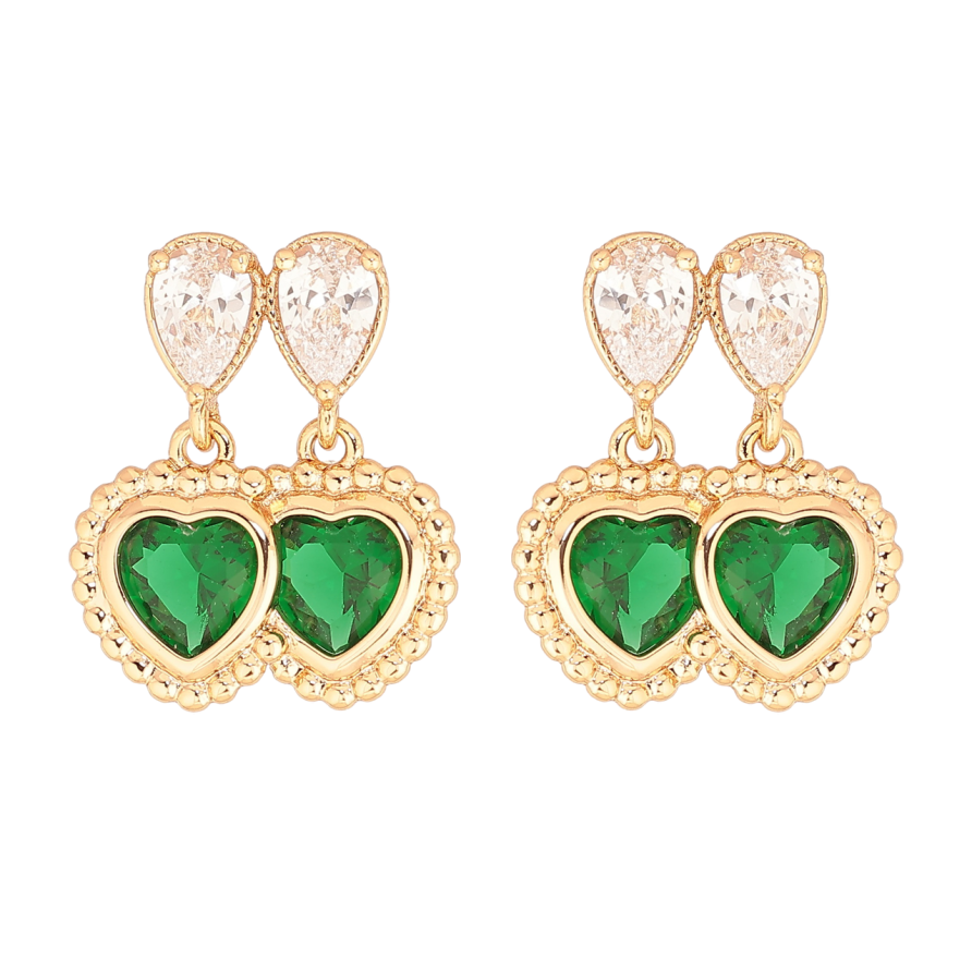 Сережки Xuping Позолота 18K пусети «Подвійні зелені кристальні сердечка» фото №1 Сережки Xuping Позолота 18K пусети «Подвійні зелені кристальні сердечка» фото №1