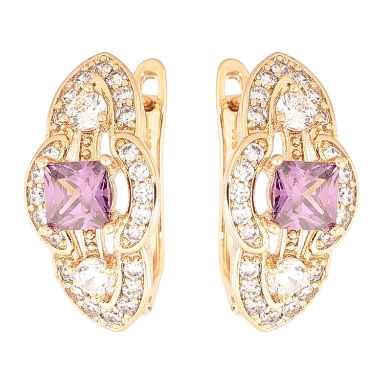 Серьги Xuping Позолота 18K английский замок Декоративный узор с сиреневыми кристаллами и инкрустацией фото №4 Серьги Xuping Позолота 18K английский замок Декоративный узор с сиреневыми кристаллами и инкрустацией фото №4