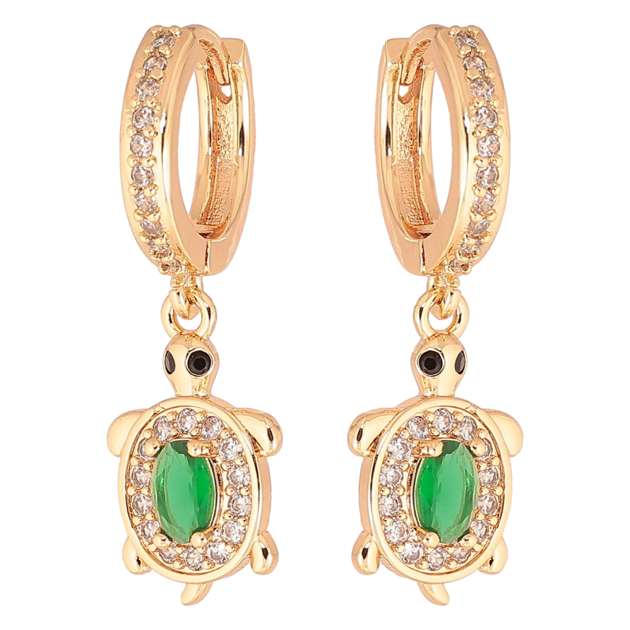 Серьги Xuping M&L Цвет 18K подвески на колечках Черепашки с зелеными кристаллами фото №1