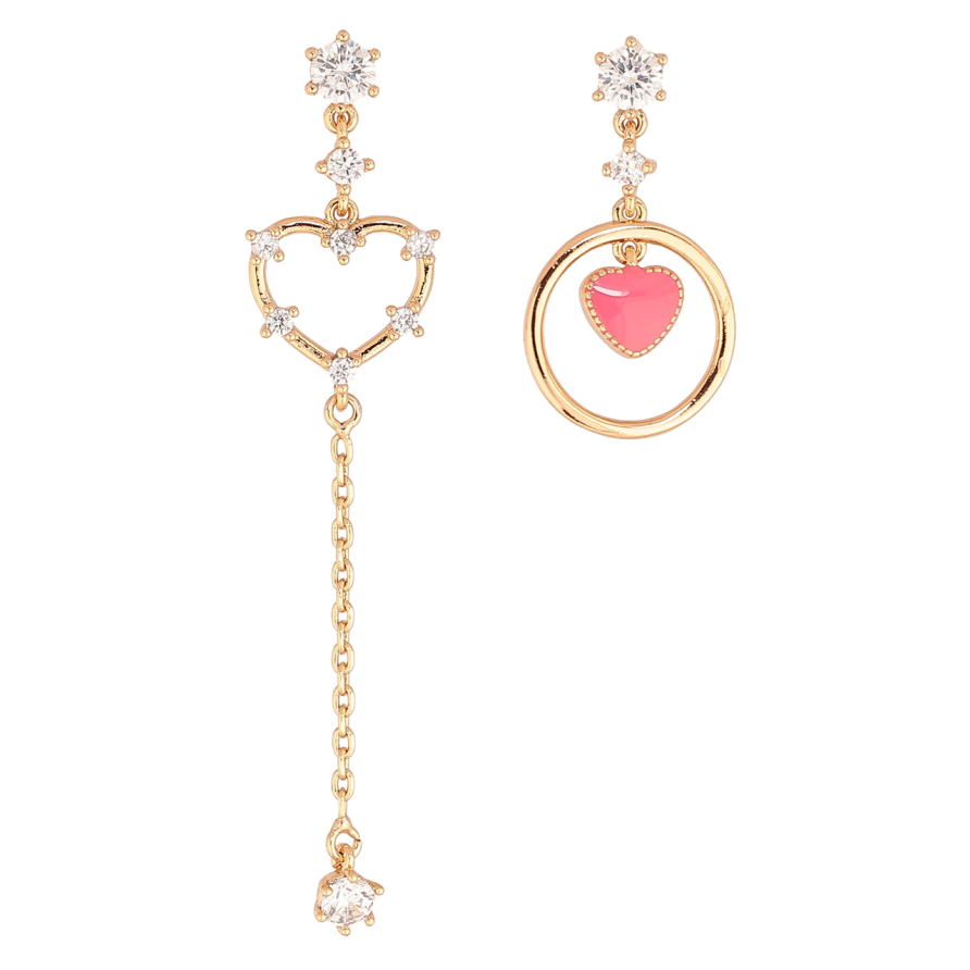 Серьги Xuping Позолота 18K пусеты Ассиметричные подвески сердечки с кристаллами и розовой эмалью фото №1 Серьги Xuping Позолота 18K пусеты Ассиметричные подвески сердечки с кристаллами и розовой эмалью фото №1