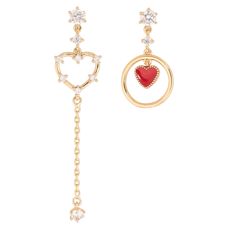 Серьги Xuping Позолота 18K пусеты Ассиметричные подвески сердечки с кристаллами и красной эмалью фото №23 Серьги Xuping Позолота 18K пусеты Ассиметричные подвески сердечки с кристаллами и красной эмалью фото №23