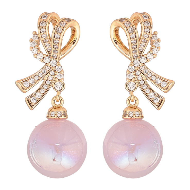 Серьги Xuping Позолота 18K пусеты Банты с сиреневыми перламутровыми шариками фото №3 Серьги Xuping Позолота 18K пусеты Банты с сиреневыми перламутровыми шариками фото №3