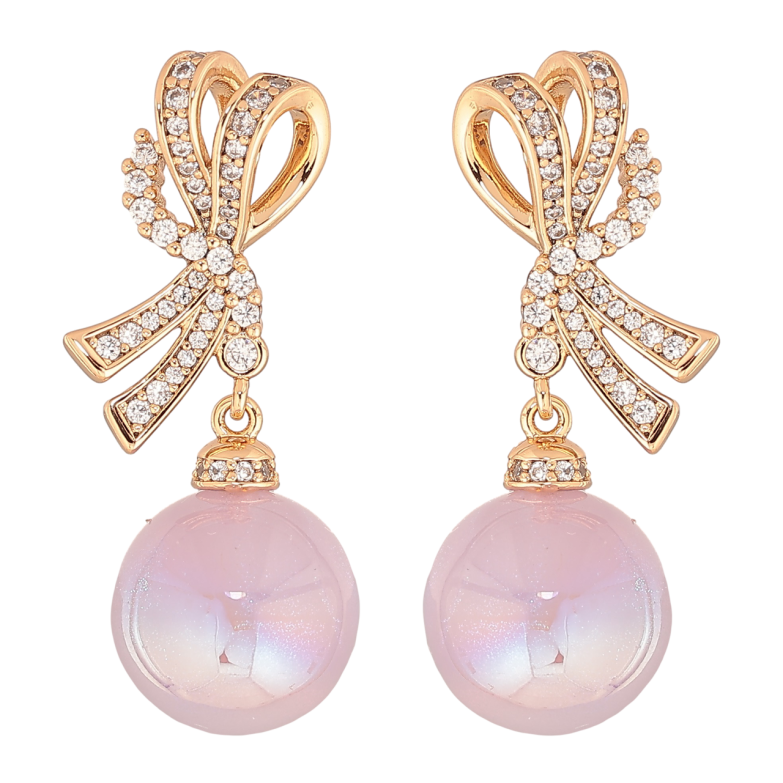 Серьги Xuping Позолота 18K пусеты Банты с сиреневыми перламутровыми шариками фото №3 Серьги Xuping Позолота 18K пусеты Банты с сиреневыми перламутровыми шариками фото №3